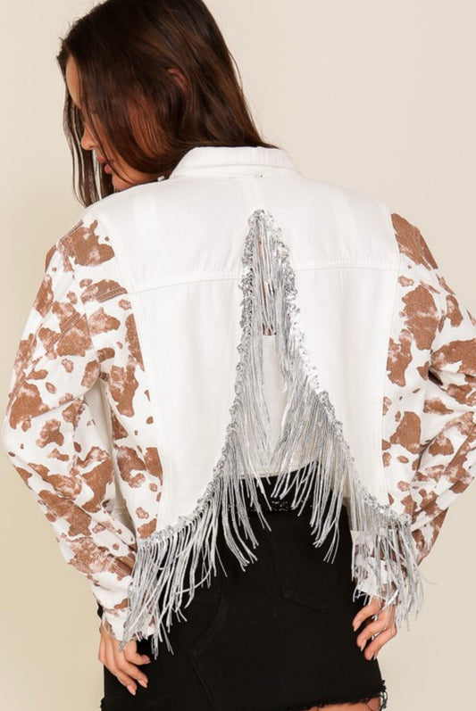 Cow print sleeve denim jacket with sequin detail