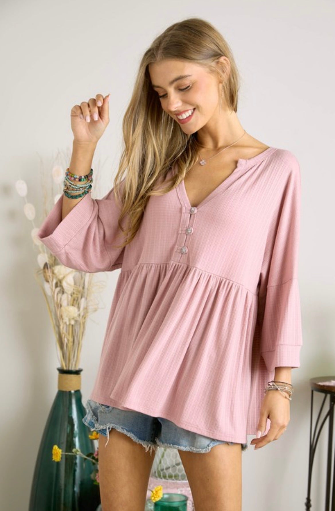 SOLID V NECK BUTTON DOWN LOOSE TOP