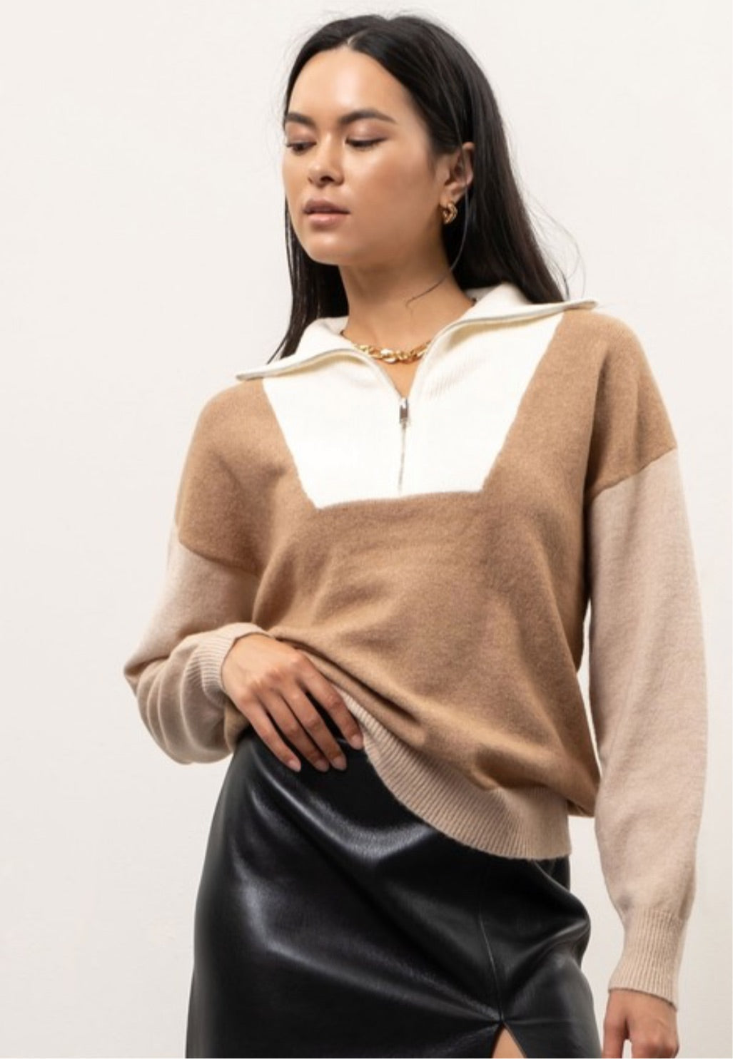 Color block half zip sweater