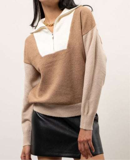 Color block half zip sweater