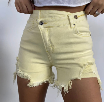 Asymmetrical risen jean shorts