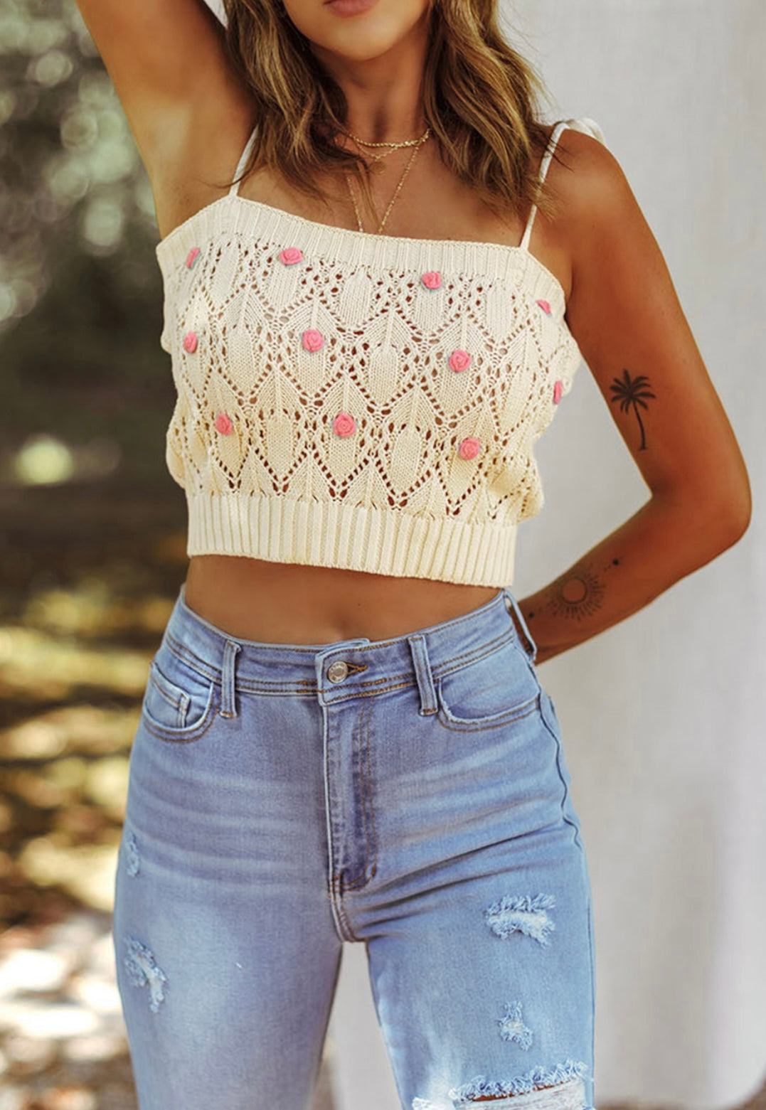 Cropped flower knit top