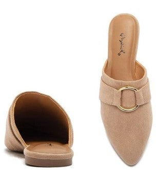 Tan mules with gold clasp